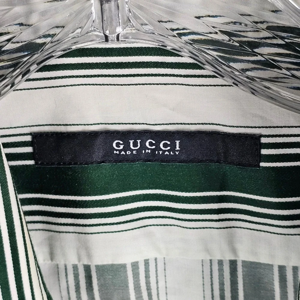 Gucci Button Down Men 16 Green White Striped Long Sleeve Cotton Dress Shirt 41